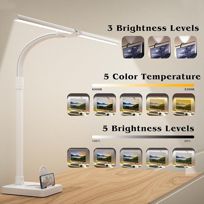 Led Desk Lamp for Home Office,24W Bright Eye-Caring Desk Light with Base,5 Brightness and 5 temperatures Dimmable Workbench Task Light, Adjustable Gooseneck Table Lamp for Monitor(White)-DeskLoop Office