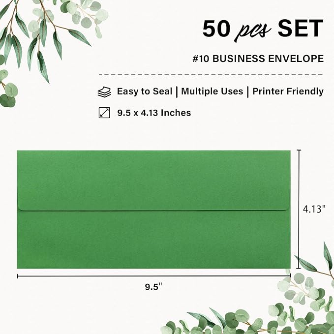 50 Pack #10 Business Envelopes, Self Seal Standard Green Envelopes - Image 2