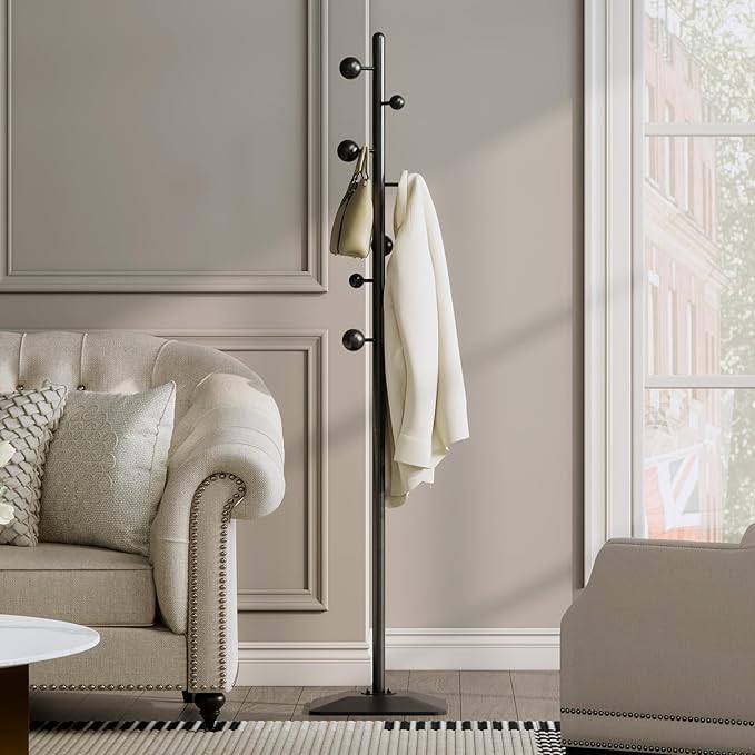 Metal coat rack stand with geometric shape metal base,Heavy duty coat rack freestanding with 7 ball hooks,Coat racks tree hats hanger holder stand for entryway, hallway, bedroom-DeskLoop Office