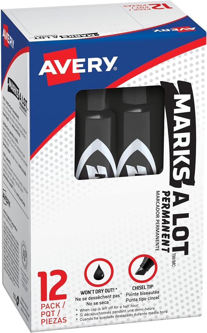 Avery Marks-A-Lot Regular Desk-Style Size Chisel Tip, 12 Black Permanent by Avery