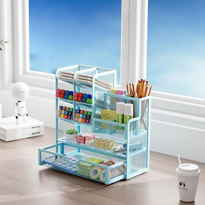 Marbrasse Mesh Pen Holder for Desk, Multi-Functional Pencil Organizer with Drawer, Desk Organizers and Accessories for Office Art Supplies (Blue)-DeskLoop Office