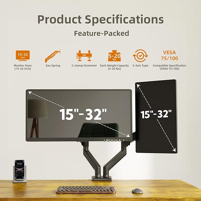 Claiks Dual Monitor Mount for 15-32 Screens, Ergonomic Gas Spring Monitor Arm for, Adjustable Computer Monitor Stand up to 40 lbs, with Clamp and Grommet Base, VESA Mounting Holes 75&100mm, Black-DeskLoop Office