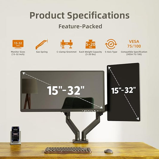 Claiks Dual Monitor Mount for 15-32 Screens, Ergonomic Gas Spring Monitor Arm for, Adjustable Computer Monitor Stand up to 40 lbs, with Clamp and Grommet Base, VESA Mounting Holes 75&100mm, Black-DeskLoop Office
