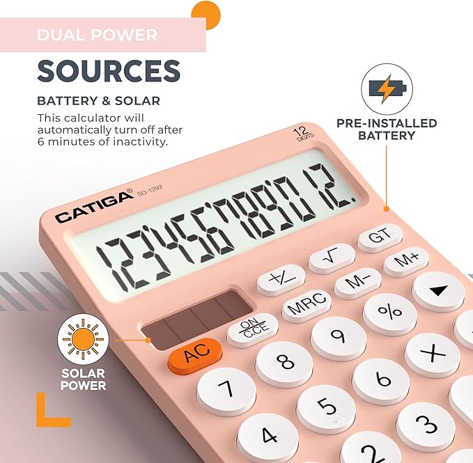 CATIGA 12 Digit Desktop Calculator Basic Desk Calculator with Large LCD Display, Big Buttons, 4 Function, Solar and Battery Dual Power, for Office, School, Home, SD-1292 Pink-DeskLoop Office