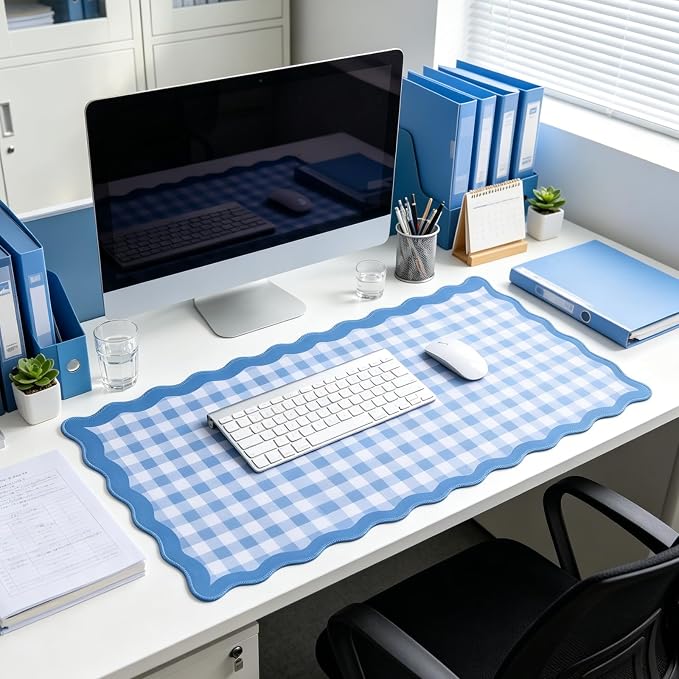 yuboo 31"×15.7" Scalloped Blue White Gingham Waterproof Pastel Desk Mat Vintage - Image 8