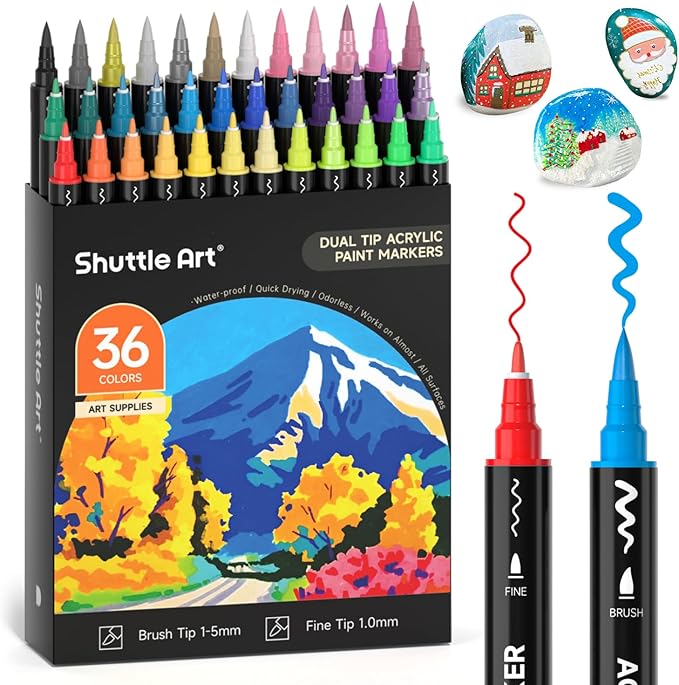 Shuttle Art 36 Colors Dual Tip Acrylic Paint Markers, Brush and Fine Tip for Rock Painting, Ceramic, Wood, Canvas, Plastic, Glass, Stone, Calligraphy, Card Making, DIY Crafts-DeskLoop Office