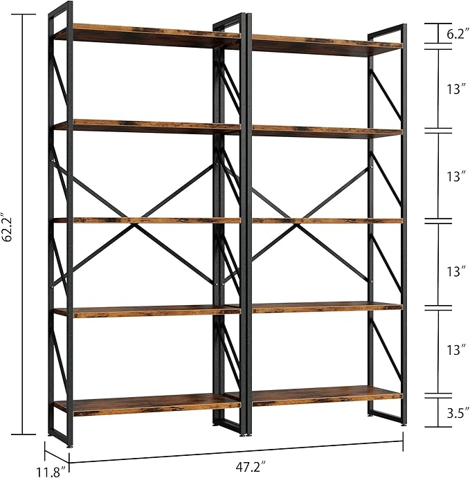 Shintenchi 5 Tiers Bookshelf, Classically Tall Bookcase Shelf, Industrial Book - Image 2