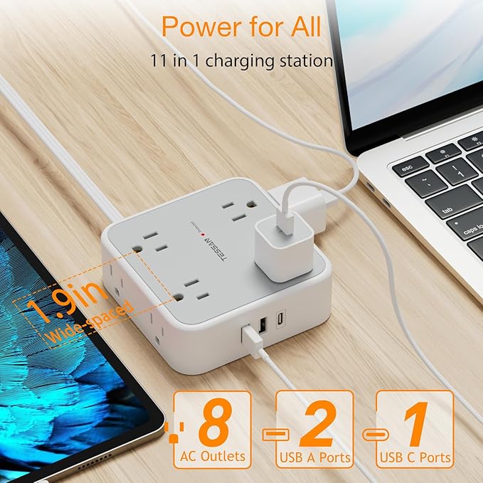 Flat Plug 20 FT Long Extension Cord, TESSAN Ultra Thin Power Strip Surge Protector with 8 AC Outlets, 900J, 3 USB Charger(1 USB C), Multi Port Charging Station for Home, Office, Dorm Room Essentials-DeskLoop Office