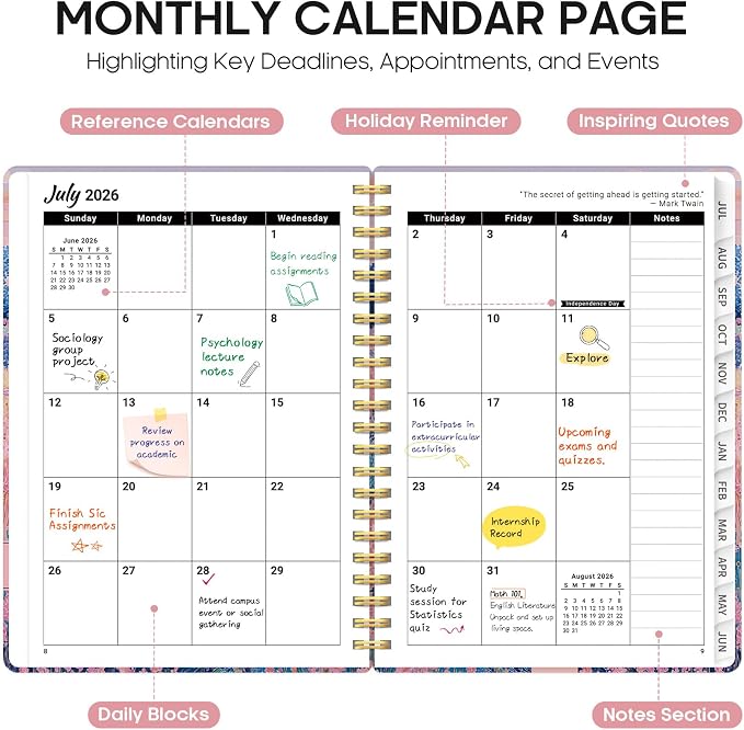 Planner 2026–2027, Academic Monthly Weekly Spiral Calendar, July 2026 – June - Image 2