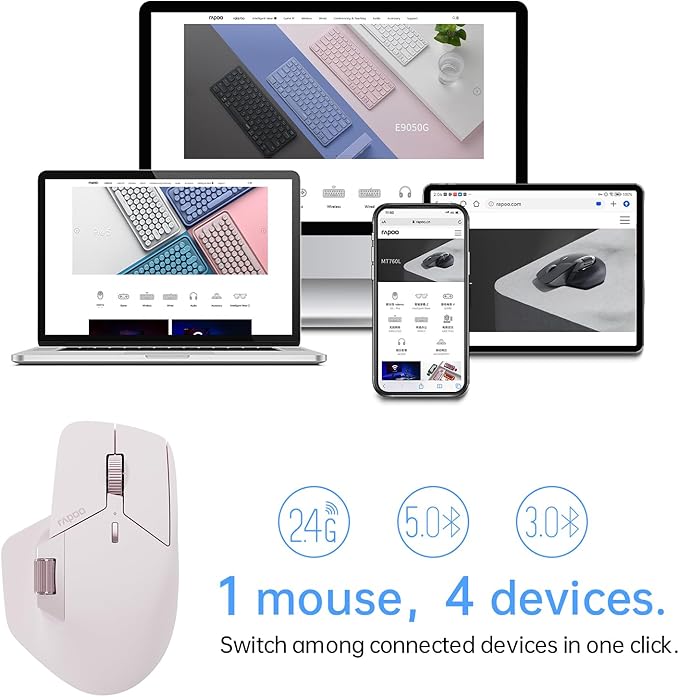 Rapoo MT760 Multi-Device Wireless Mouse, Bluetooth 5.0 and 2.4GHz Multi-Mode Connection, Up to 4 Devices, 11 Programmable Buttons, 4K DPI, Ergonomic Design, 90 Days Battery Life, PC, Pink-DeskLoop Office