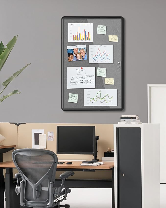 36"x24" Enclosed Bulletin Board, Lockable Weather-Resistant Aluminum Cork Noticeboard for School & Office, Black Frame w/Grey Flet-DeskLoop Office