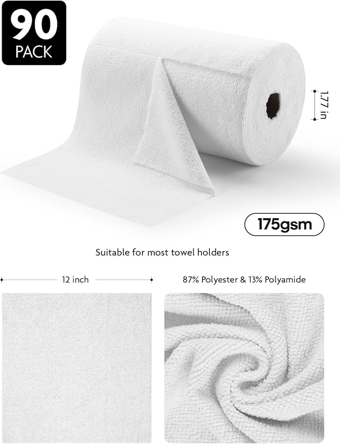 Fantasticlean Microfiber Cleaning Cloth Roll -90 Pack, Tear Away Microfiber Towels, 12" x 12", Reusable, Washable, Scratch Free, Ultra Absorbent Dish Rags for Car, Home, Garage or Shop (White)-DeskLoop Office