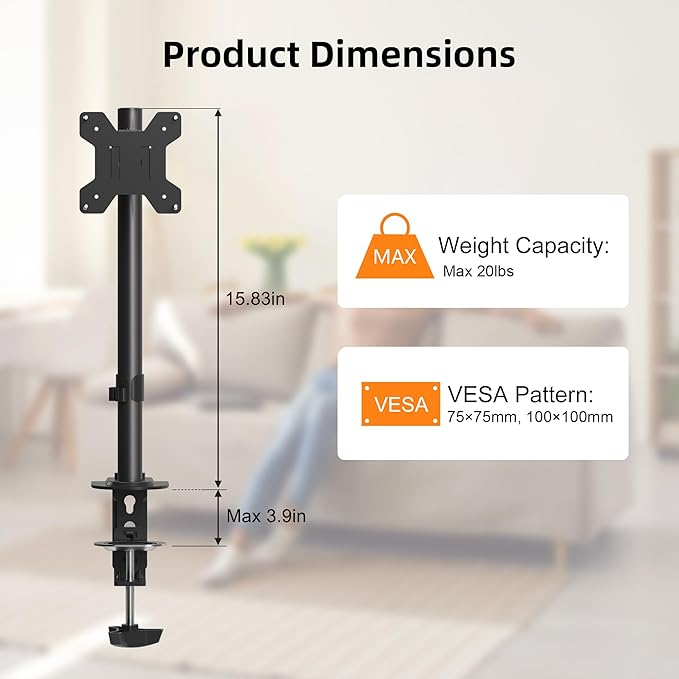 Pholiten Single Monitor Stand, Heavy Duty Adjustable Monitor Arm Desk Mount for 13-32Inch, Tilt, Swivel, Rotate, Support 22 lbs,Black-DeskLoop Office