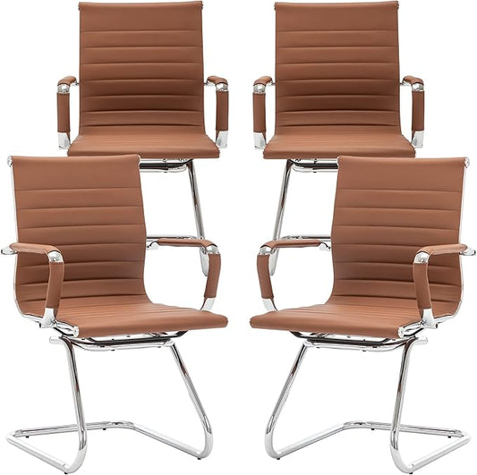 Office Desk Chair No Wheels Set of 4 PU Leather Computer Chairs Mid Back Guest Chairs for School Reception Conference Waiting Room, Cafe-DeskLoop Office
