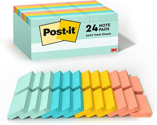 Post-it Notes, 1.5x2 in, 24 Pads, America's #1 Favorite Sticky Notes, Beachside Café Collection, Pastel Colors, Clean Removal, Recyclable-DeskLoop Office