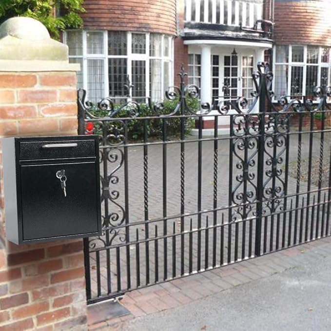 KYODOLED Steel Key Lock Mail Boxes for Outside, Locking Wall Mount Mailbox, Security Key Drop Box,12H x 10.51L x 4.68W Inches, Black Large-DeskLoop Office