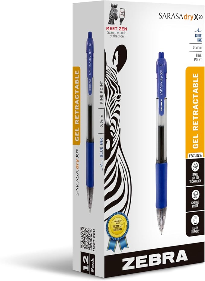 Zebra Pen Sarasa Dry X20 Retractable Gel Pens, 0.7mm Medium Point, Eliminates by ZebraPen