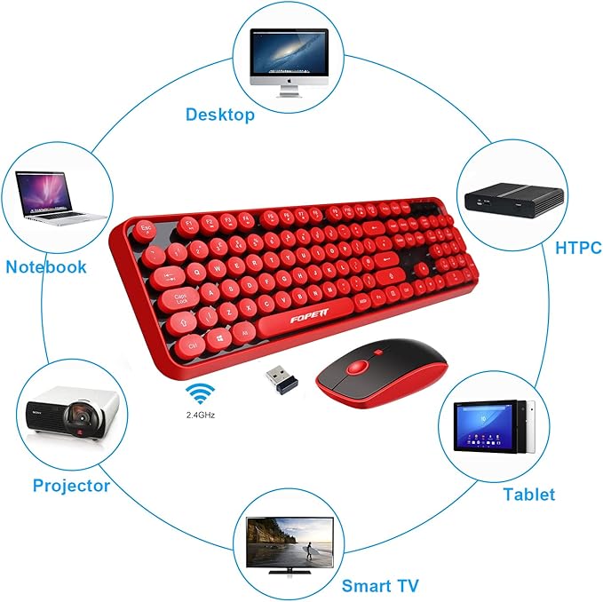 FOPETT Wireless Keyboard and Mouse Combo, 104 Keys Full-Sized 2.4 GHz Round Keycap Colorful Keyboards, USB Receiver Plug and Play, for Windows, Mac, PC, Laptop, Desktop (Black Red)-DeskLoop Office