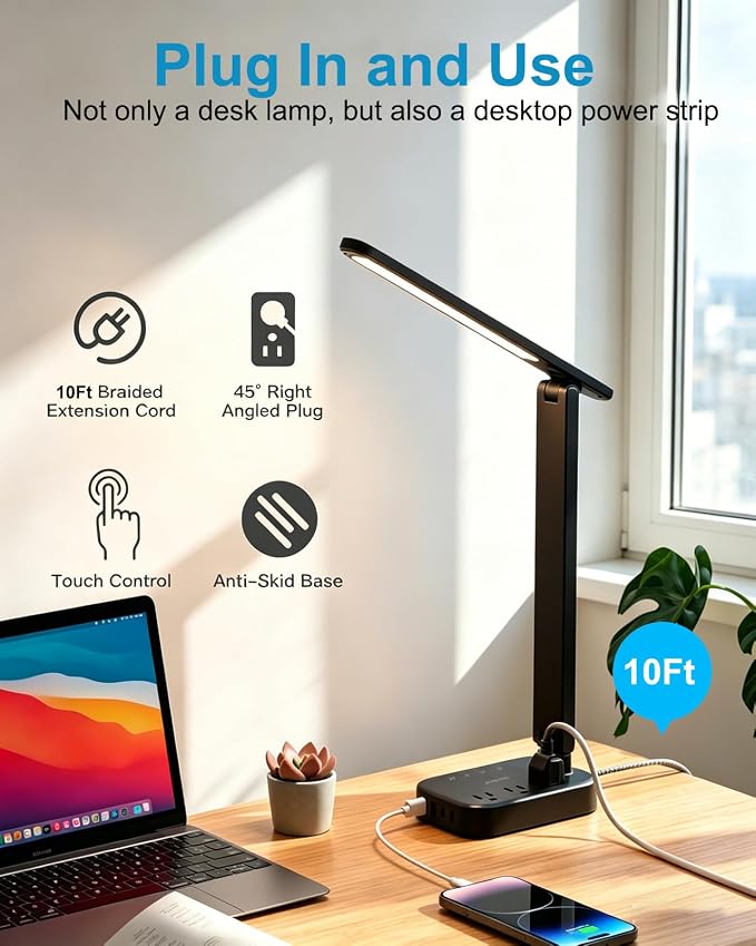 One Beat Small LED Desk Lamp Power Strip 10ft Extension Cord, 3 Outlets 4 USB - Image 5