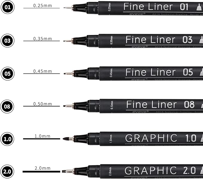 EYEYE Micro Pens, Black Drawing Art Pen,0.25/0.35/0.45/0.5/1.0/2.0mm Archival Pens Waterproof Ink Set Artist Supplies Archival Inking Markers Sketch Outline Pen-DeskLoop Office