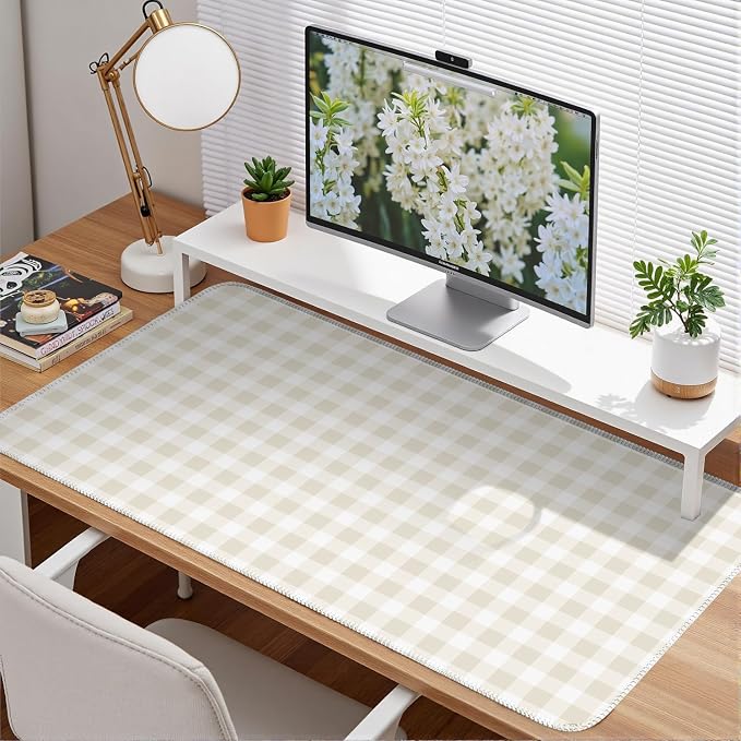 Beige Checkered Gingham Desk Mat Pad XXL Large Mouse Pad Anti-Slip Big Mousepad - Image 2
