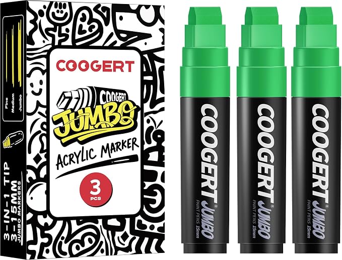 Coogert 3Pcs Green Jumbo Poster Markers, 15MM Thick Permanent Acrylic Graffiti by CoogertPaintPens