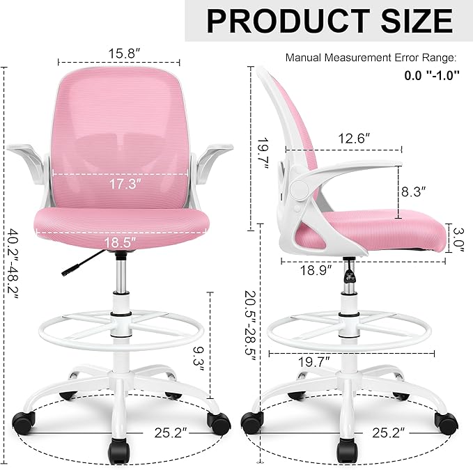 Primy Drafting Chair Tall Office Chair with Flip-up Armrests Executive Ergonomic Computer Standing Desk Chair with Lumbar Support and Adjustable Footrest Ring (Pink)-DeskLoop Office
