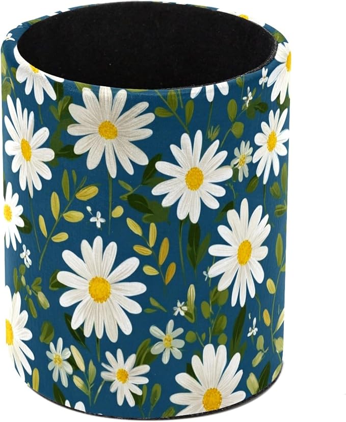 Leather Pen Holder for Desk Small Daisies Leaf Pencil Cup Desktop Organizer by Unknown