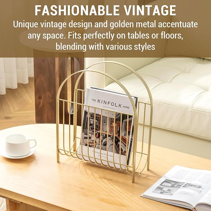 MyGift Deluxe Mid Century Brass Tone Metal Wire Magazine Holder Rack, Table or - Image 2