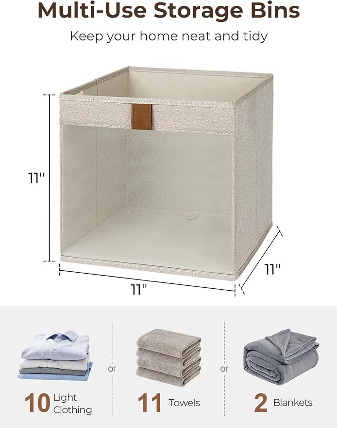 StorageWorks 11x11 Storage Cubes, Closet Storage Bins with Clear Window, Fabric Organizer for Clothes, Collapsible Storage Baskets with PU Handles, Brown and Beige, 3-Pack-DeskLoop Office
