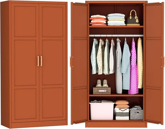 Greenvelly Metal Storage Wardrobe Cabinet, 72" Brown Metal Wardrobe Closet for Hanging Clothes with Doors and Shelves, Modern Steel Clothes Closet for Home, Office and Bedroom, School,Gym-DeskLoop Office
