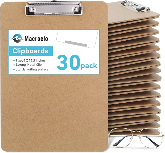 Wood Clipboards 30 Pack, Letter Size Hardboard Clip Board 8.5x11 | A4 Standard by Macroclo