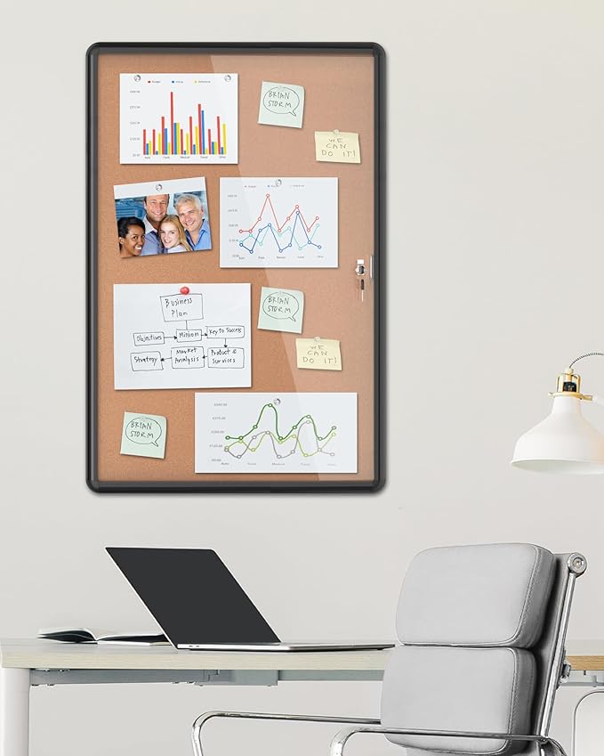 36"x24" Enclosed Bulletin Board, Lockable Weather-Resistant Aluminum Cork Noticeboard for School & Office, Black Frame w/Cork-DeskLoop Office
