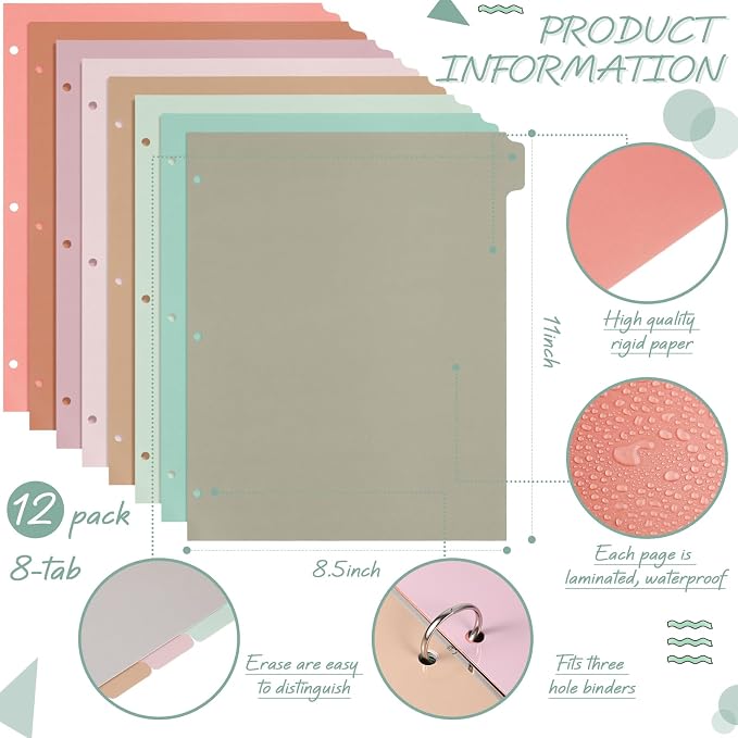 Honoson 12 Sets 8 Tab Dividers for 3 Ring Binders Plastic File 8.5 x 11 Inch - Image 2