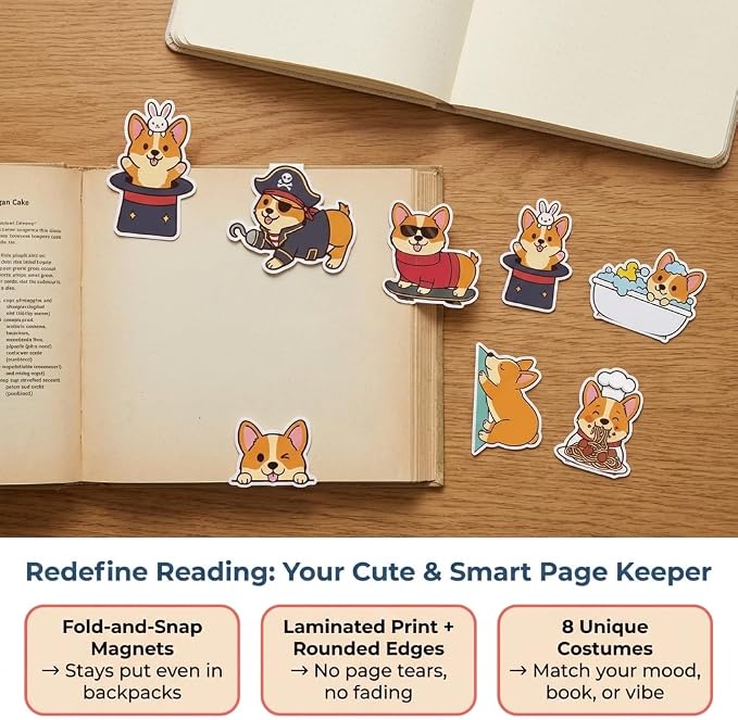 Corgi Peeking Magnetic Bookmarks Set of 8, Cute Dog Bookmark Clips - Image 2