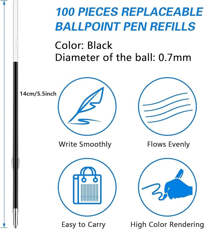 JANYUN 100 Pieces Ink Pen Refills Replaceable, 0.7mm Black Ballpoint Pen - Image 2