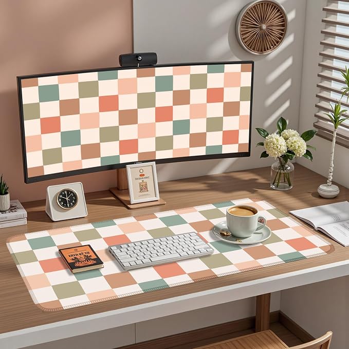 Boho Checkered Desk Mat, Retro Beige Plaid Mouse Pad Xl-31.5x15.7in-Pastel Desk - Image 4