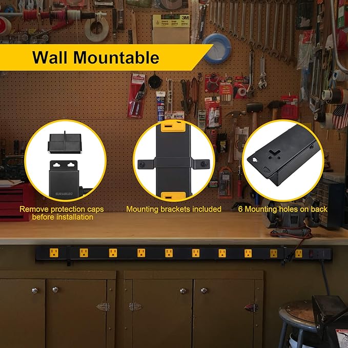 SURAIELEC 10 Outlet Long Power Strip Surge Protector, Industrial Heavy Duty Metal Shop Power Strip with Flat Plug, 1000 Joules, 15 AMP Breaker, 6FT Cord, Wall Mountable, for Work Bench, Shop, Garage-DeskLoop Office