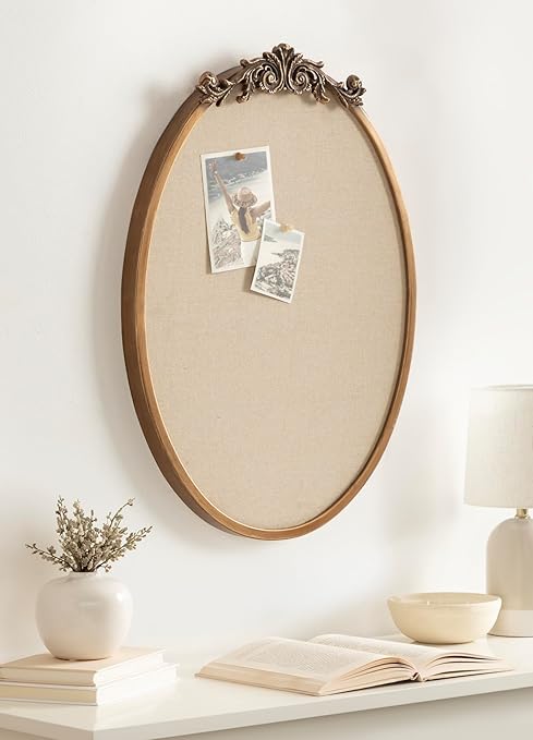 Kate and Laurel Arendahl Decorative Oval Pinboard, 18 x 24, Gold, Framed Round Ornate Vintage Cork Board for Use as Motivational Vision Board or Wall Organizer-DeskLoop Office