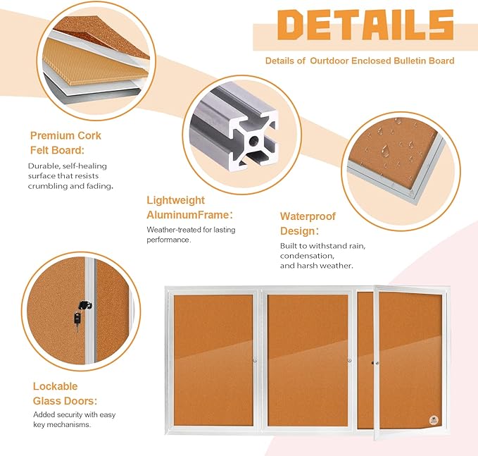 Lockable Outdoor Enclosed Bulletin Board, Weatherproof Cork Noticeboard with Locking Door, Wall-Mounted Aluminum Silver Framed Display Case for Messages,70x36 Inch-DeskLoop Office