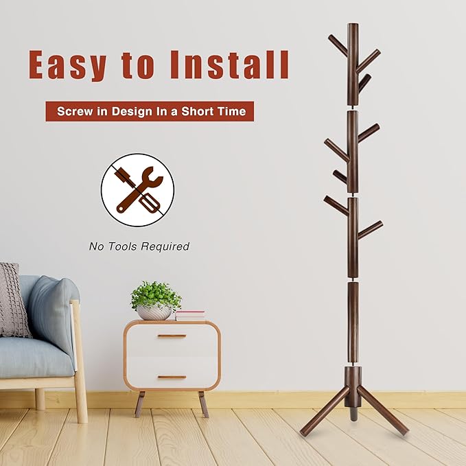 Wooden Coat Rack, Free Standing Coat Rack with 8 Hooks 3 Adjustable Heights for Clothes, Hats, Handbags, Coat Tree Easy Assembly for Entryway, Bedroom, Hallway, Office (New Brown)-DeskLoop Office