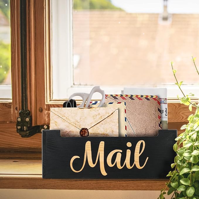Mail Organizer Mail Holder Countertop, Rustic Wooden Mail Basket Mail Tray - Image 6