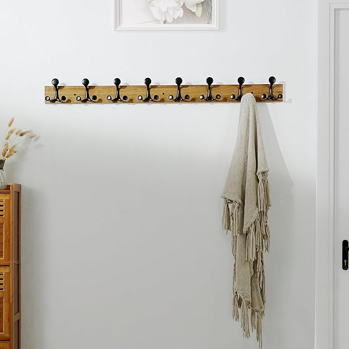 SKOLOO 43-Inch Light Brown Wood Coat Rack Wall Mount with 8 Triple Hooks - Ideal for Family Entrances, Classrooms, and Pet Supplies Storage - Perfect Coat Hooks for Wall-DeskLoop Office