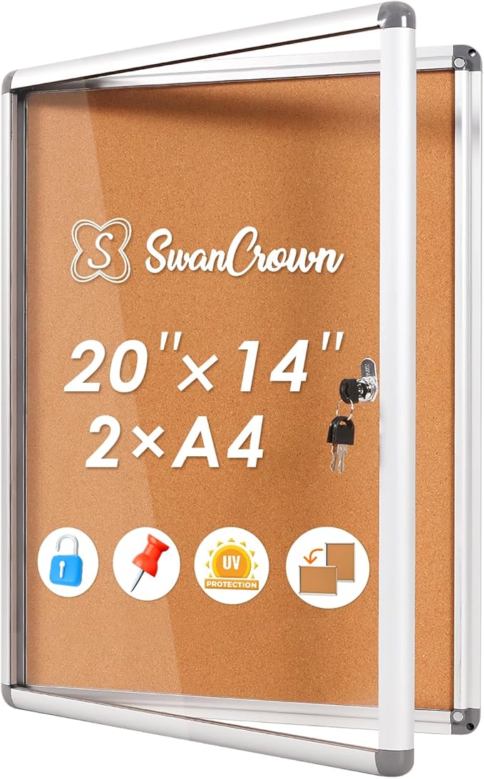 SWANCROWN Enclosed Bulletin Board,Lockable Cork Noticeboard for School Office,Wall Display Case with Lock 20"x14"(2xA4)-DeskLoop Office