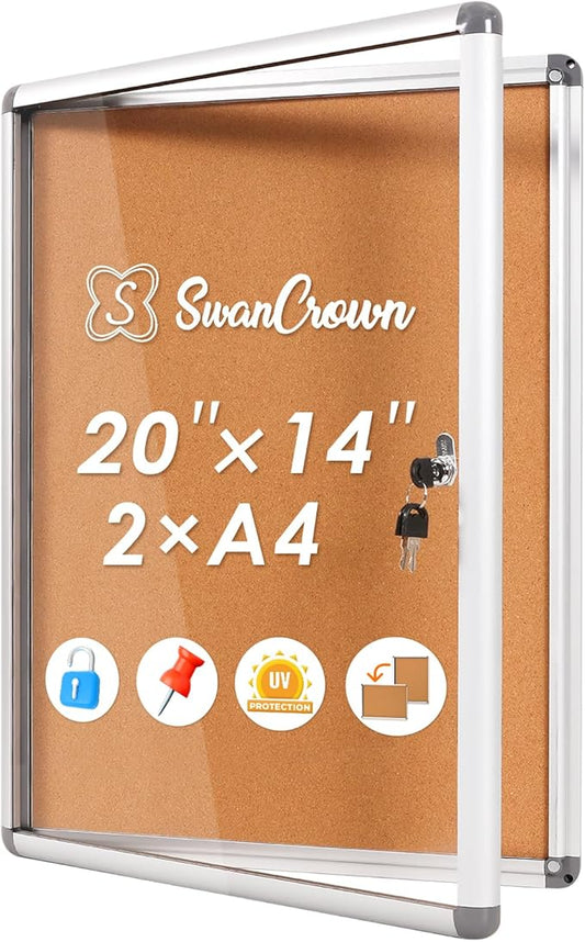 SWANCROWN Enclosed Bulletin Board,Lockable Cork Noticeboard for School Office,Wall Display Case with Lock 20"x14"(2xA4)-DeskLoop Office