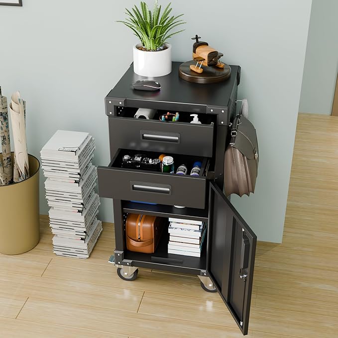 Garage Storage Cabinet, Metal Storage Cabinet with 1 Locking Door and 2 Drawers, Heavy Duty Rolling Workbench Table with Wheels and Pegboards for Garage, Office and Tool Room-DeskLoop Office