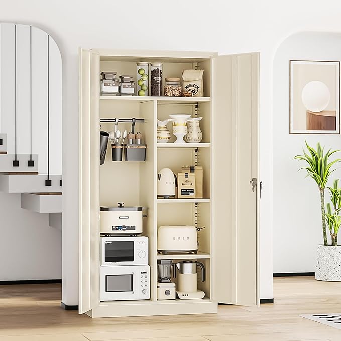 INTERGREAT Metal Storage Cabinet with Lock,72 Tall Armoire Wardrobe Closet with Doors,Cream Grey Storage Closet Cabinet with Adjustable Shelves and Removable Hanging Rods-DeskLoop Office