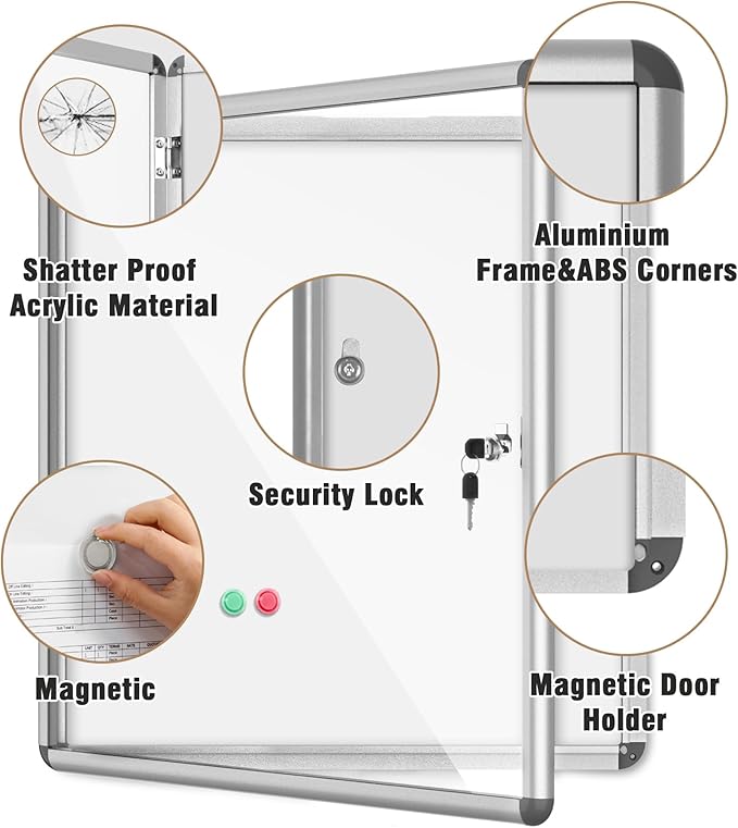 28"x26" Enclosed Bulletin Board, Lockable Weather-Resistant Aluminum Noticeboard for School & Office, Silver Frame w/Magentic Whiteboard-DeskLoop Office