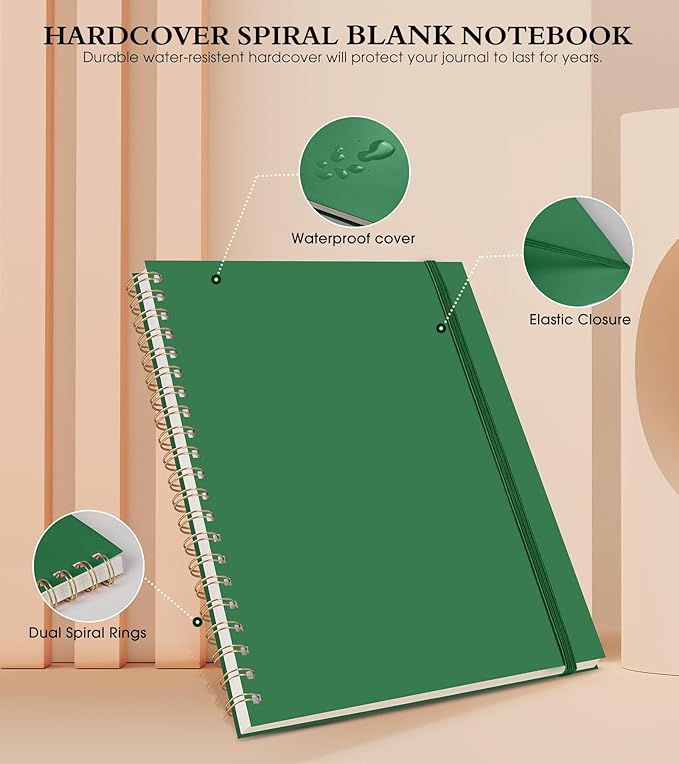 Blank Spiral Notebook Journal 8.5” x 11”, A4 Large Sketch Book for Women Men, 100 GSM Blank Paper Drawing Notebook, Plastic Hardcover Spiral Bound Sketchbook for Sketching Work School Writing, Green-DeskLoop Office