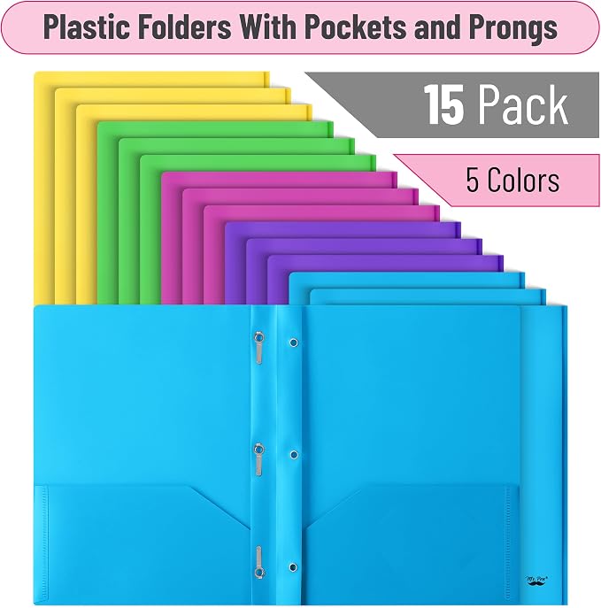 Mr. Pen- Plastic Folders with Pockets and Prongs, 15 Pack, Letter Size | Pocket - Image 2